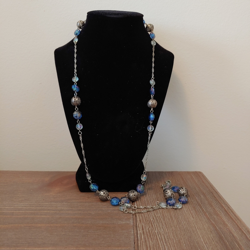 Long Blue and Metal Bead Necklace